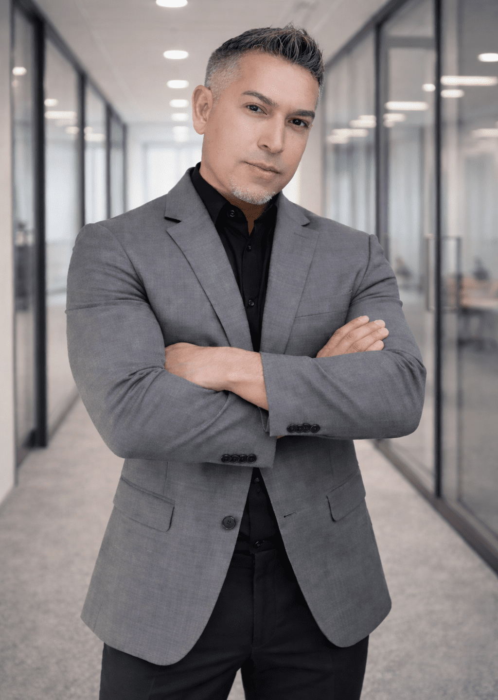 A man in a gray suit with a black shirt stands in an office hallway with his arms crossed, looking at the camera.